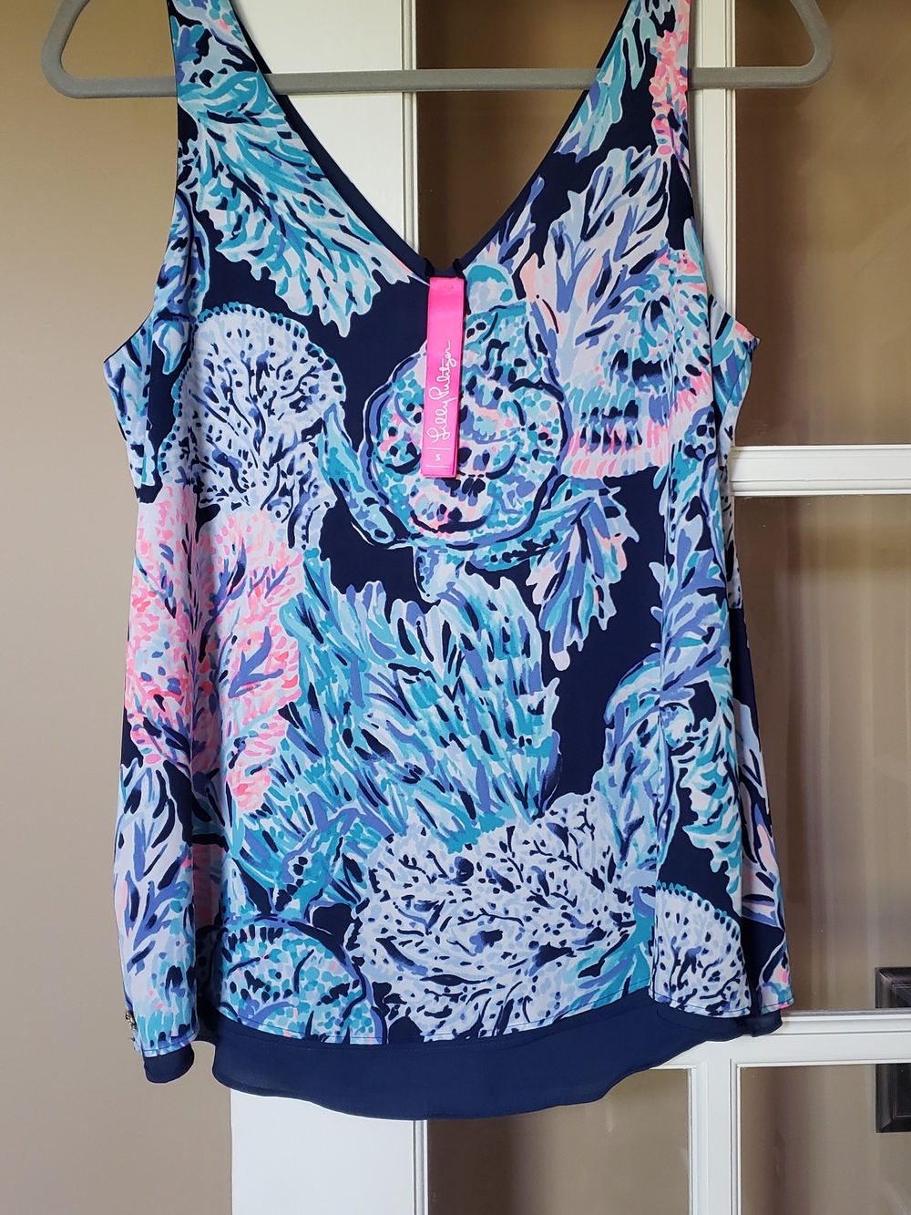 Lilly Pulitzer Navy Florin V-Neck Tank with Pink & Aqua Accents